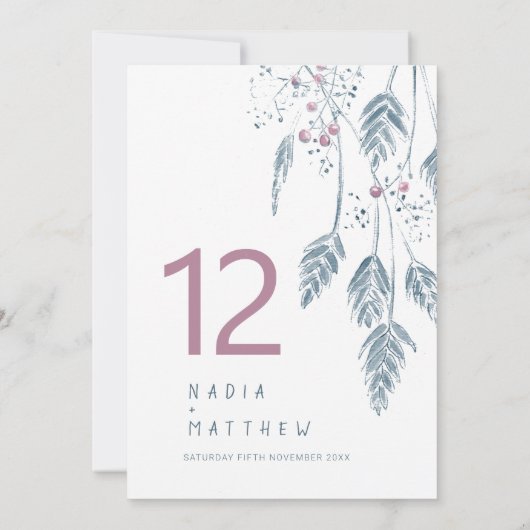 Grasbeeren Hochzeit im Herbst Rosa blaue Tischnumm (Rückseite)