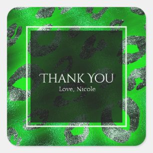Grasgrüne und silberne Leoparden-Druck Party Favor Quadratischer Aufkleber