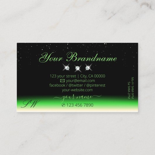 Grass Green Black Gradient Sparkle Jewels Initials Visitenkarte (Rückseite)
