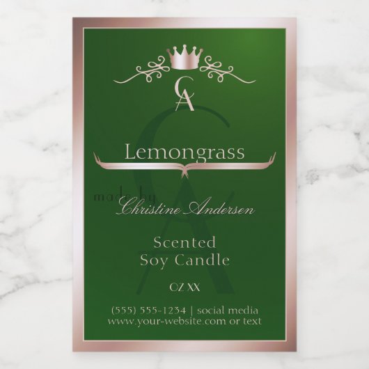 Grass Green Product Label Rose Gold Frame Monogram Lebensmitteletikett (Einzelnes Label)
