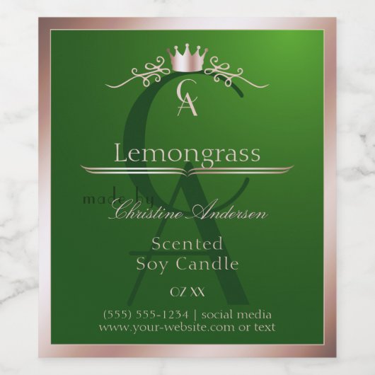 Grass Green Product Label Rose Gold Frame Monogram Weinetikett (Einzelnes Label)