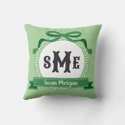 Grass Green Reverse Griechisch Key Bow Monogram Kissen (Rückseite)