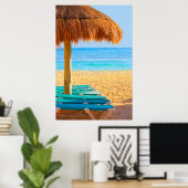 Grass Hut & Loungers On Beach Poster (Heimbüro)