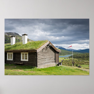 Grasscholledach-Blockhaus in Norwegen-Plakat Poster