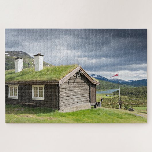 Grasscholledach-Blockhaus in Norwegen-Wildnis Puzzle (Horizontal)