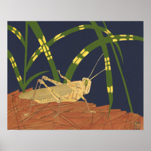 Grasshopper in grünem Gras im blauen Hintergrund Poster