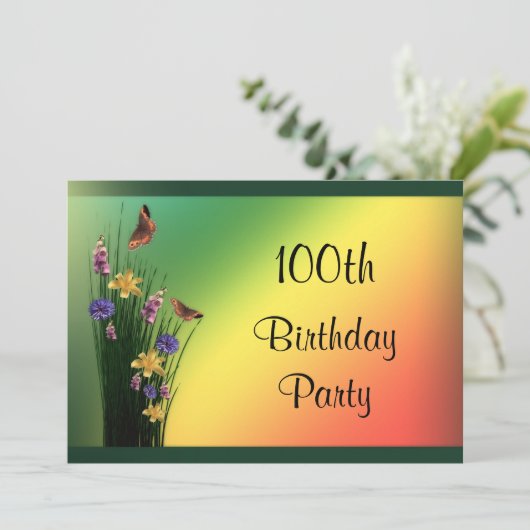 Grassy Bouquet und Schmetterlinge zum 100. Geburts Einladung (Stehend Vorderseite)