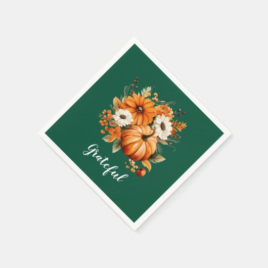 Grateful Autumn Floral Pumpkin Green Square Serviette (Ecke)