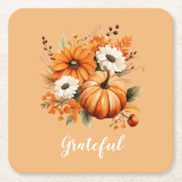 Grateful Autumn Floral Pumpkin Orange Square Rechteckiger Pappuntersetzer