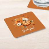 Grateful Autumn Floral Pumpkin Red Square Rechteckiger Pappuntersetzer (angewinkelt)