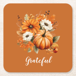 Grateful Autumn Floral Pumpkin Red Square Rechteckiger Pappuntersetzer