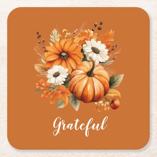 Grateful Autumn Floral Pumpkin Red Square Rechteckiger Pappuntersetzer (Vorderseite)