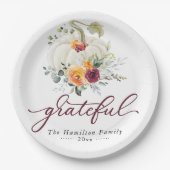 Grateful Burgundy Floral Pumpkin Erntedank Pappteller (Vorderseite)