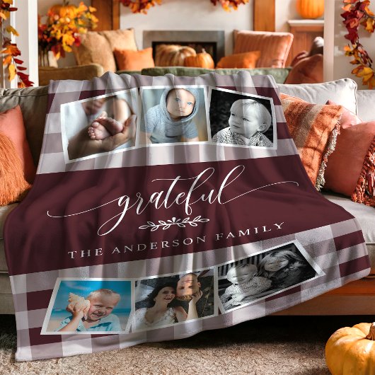 Grateful Burgundy Kariert Fall Family Foto Collage Fleecedecke