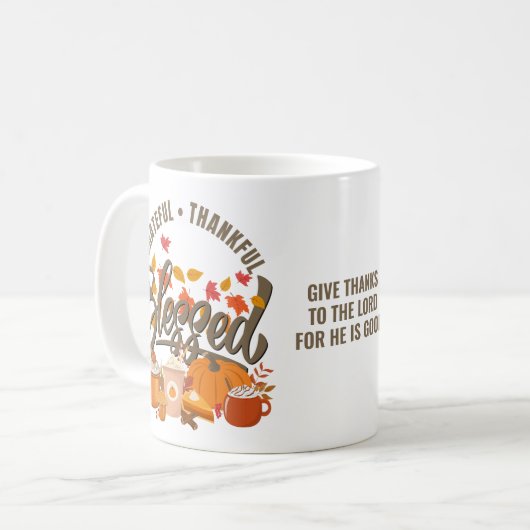 GRATEFUL DANKFUL BLESSED Christlicher Erntedank Kaffeetasse (Vorderseite Links)