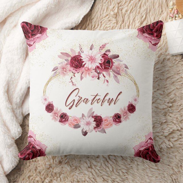 GRATEFUL Extravagantes Skript Burgundi Floral Gold Kissen (Decke)