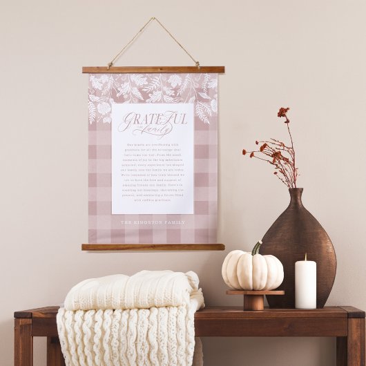 Grateful for Family Message Fall Foliage Plaid Wandteppich Mit Holzrahmen