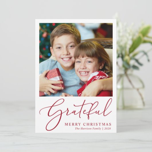 Grateful Foto Red Script Frohe Weihnachten (Stehend Vorderseite)
