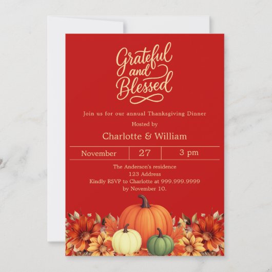 Grateful gesegnet Kürbisorange roter Erntedank Einladung (Vorderseite)