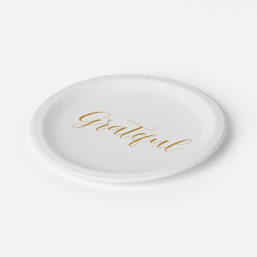 Grateful Gold Script Minimalistischer Erntedank Pappteller (Schrägansicht)