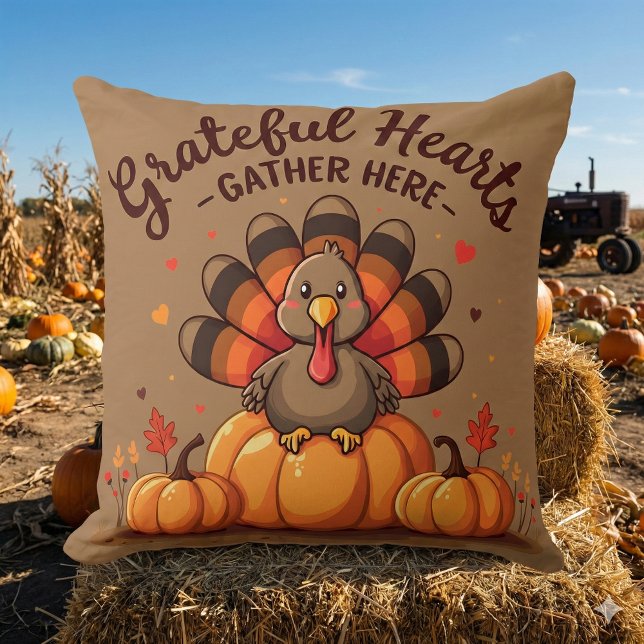 Grateful Hearts Thanksgiving Turkey Kissen (Grateful Hearts Thanksgiving Turkey Throw Pillow Mockup D)
