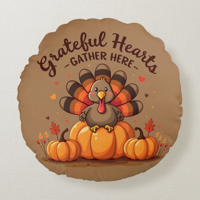 Grateful Hearts Thanksgiving Turkey Rundes Kissen (Vorderseite)