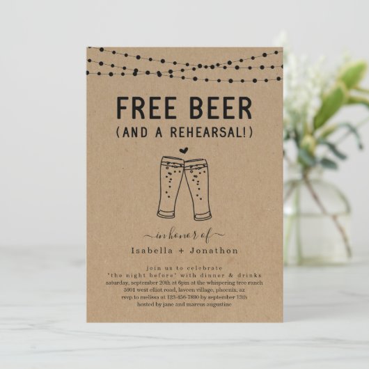 Gratis Bier Funny Wedding Probe Dinner Einladung (Stehend Vorderseite)