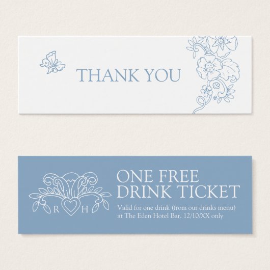 Gratis-Drink Hochzeitsgutschein Karte Lilie blau (Vorne & Hinten)