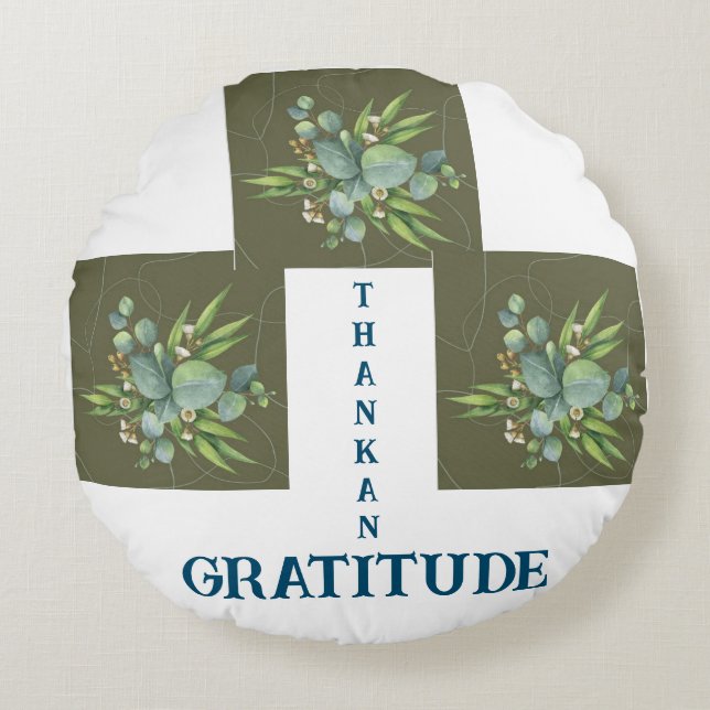 GRATITUDE THANKAN IN GRIECHISCHEM FARBPILLOW RUNDES KISSEN (Vorderseite)