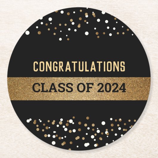 Gratulation Class of 2024 Black Gold Runder Pappuntersetzer (Vorderseite)