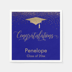 Gratulation Gold Confetti Graduation Cap Blue Serviette