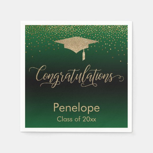 Gratulation Gold Confetti Graduation Cap Green Serviette (Vorderseite)