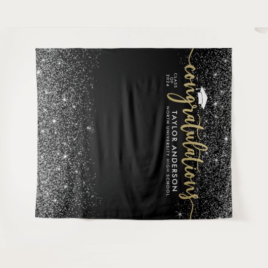 Gratulation Gold Script Black Graduation Party Wandteppich (Vorderseite (Horizontal))