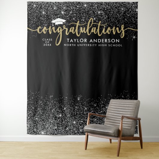 Gratulation Gold Script Black Graduation Party Wandteppich (Beispiel)