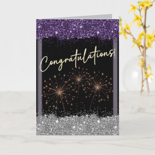 Gratulation Graduate Lila & Silver Sparkle Karte (Gelbe Blume)