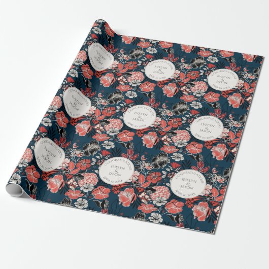 Gratulation Navy Blau Blumenmuster Geschenkpapier (Ungerollt)