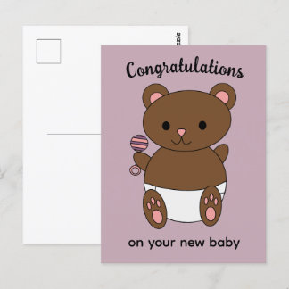 Gratulation New Baby Girl Bear Pink Postkarte