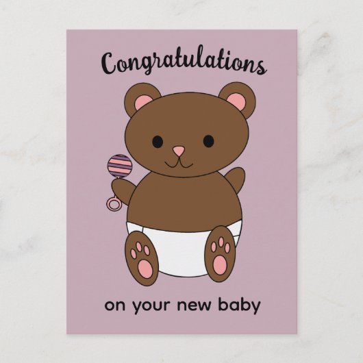 Gratulation New Baby Girl Bear Pink Postkarte (Vorderseite)