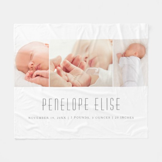Grau 3 Foto Collage Baby Birth Details Fleecedecke (Vorderseite (Horizontal))