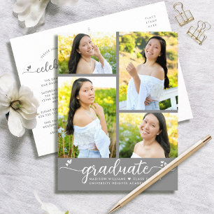 Grau 4 Foto Abschluss Moderne Girly Script Herzlic Einladungspostkarte