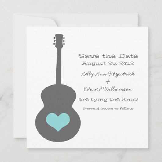 Grau/Aqua Gitarrenherz Save the Date einladen (Vorderseite)