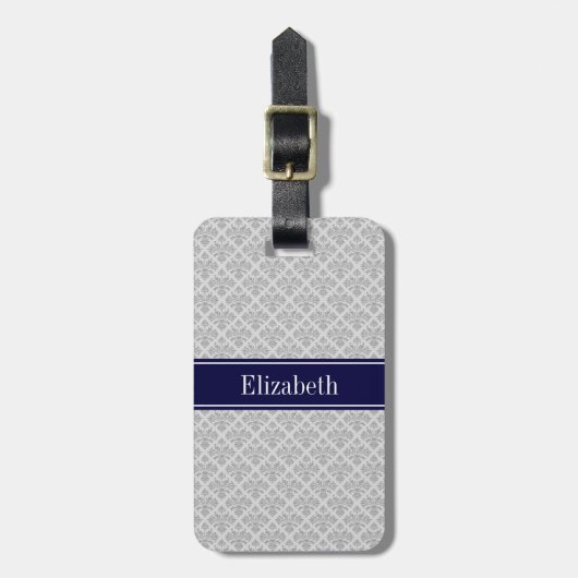 Grau auf Gray Damask #3 Navy Blue Name Monogram Gepäckanhänger (Vorderseite vertikal)