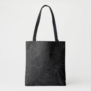 Grau auf Schwarz mit Namen und Chrysanthemen Tasche
