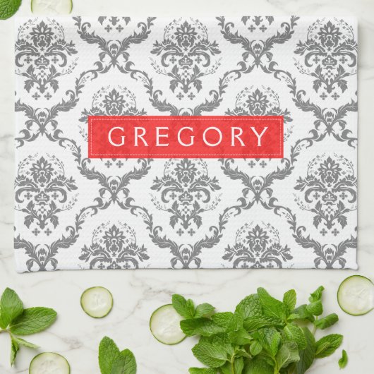 Grau auf weißer Flora Damaskus Geschirrtuch (Gefaltet)