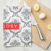 Grau auf weißer Flora Damaskus Geschirrtuch (Viertel Falte)