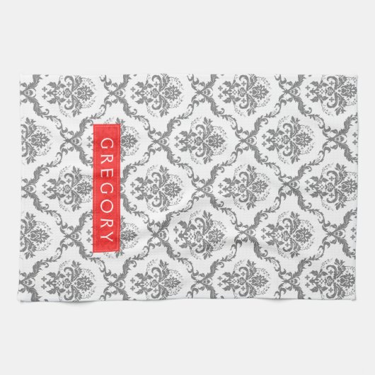 Grau auf weißer Flora Damaskus Geschirrtuch (Horizontal)