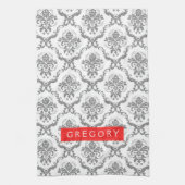 Grau auf weißer Flora Damaskus Geschirrtuch (Vertikal)