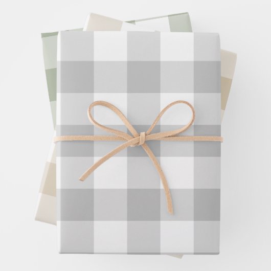 Grau Beige Sage Green Gingham Karo Kariert Geschenkpapier Set (Beispiel)