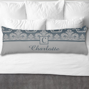 Grau Blau Damast Monogramm Personalisierter Name Seitenschläferkissen