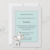 Grau Blau Elefant und Vogel Geburtstag Einladung (Vorderseite)